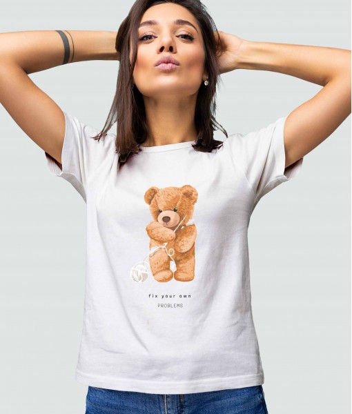 Дамска тениска с щампа Мечета Fix the problems Bear